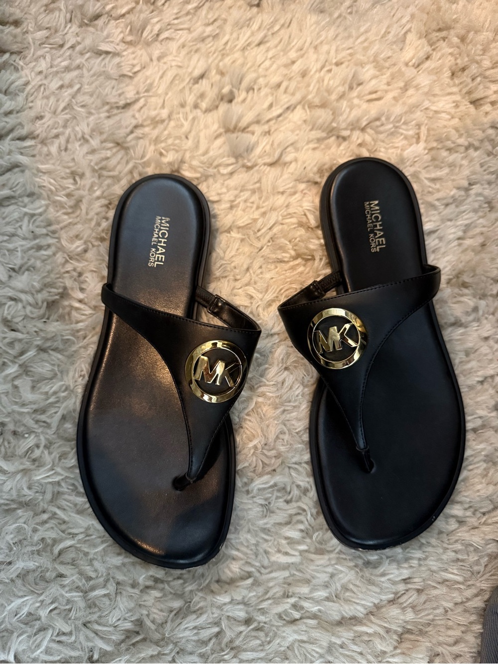 Michael Kors Black Leather Thong Sandals with Gold MK Emblem